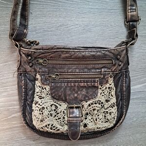 Western Brown Faux Leather Lace Accent Crossbody Hobo Bag